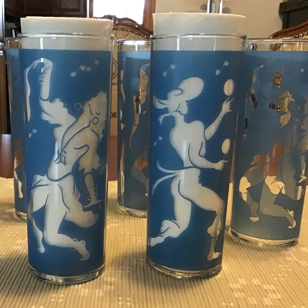 Vintage set of 6 highball glasses in frosted blue with dancing ladies